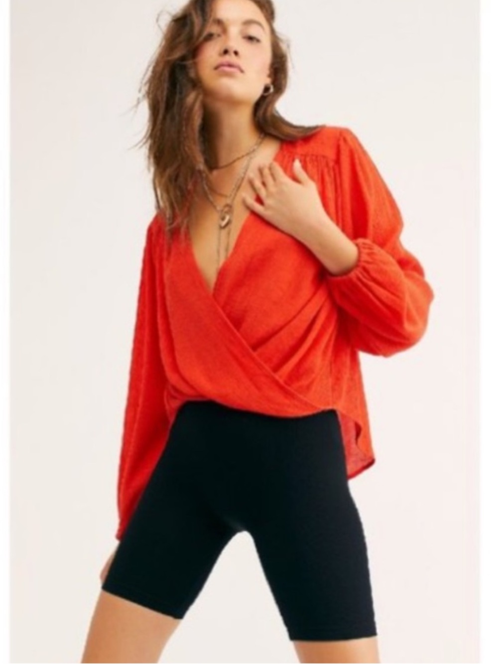 Free People Check On It Flame Red Surplice High Low Blouse NWT Small
